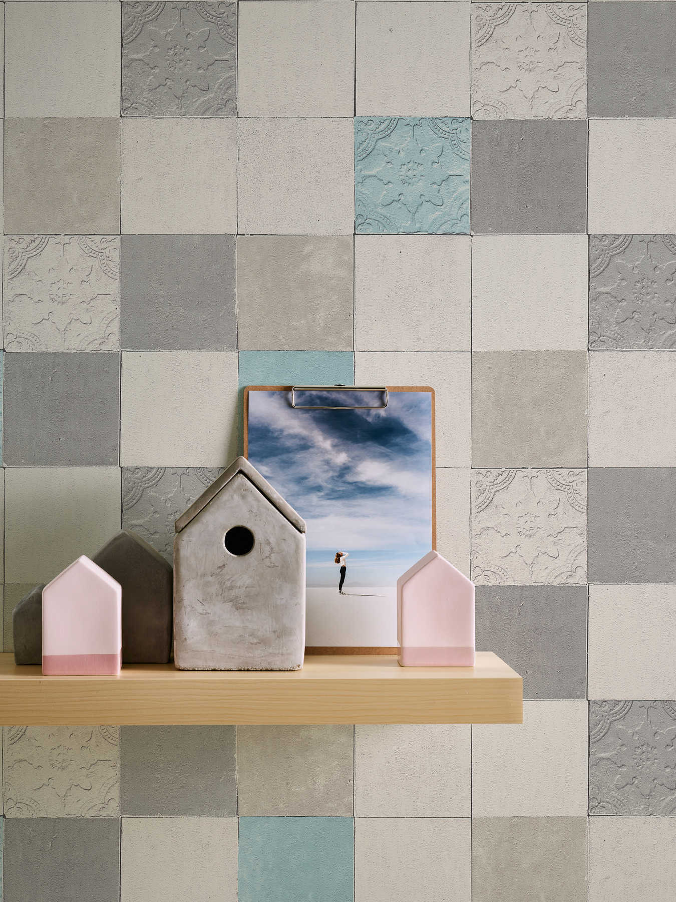             Fliesen-Tapete Dekorfliesen Mosaik – Grau, Blau, Creme
        