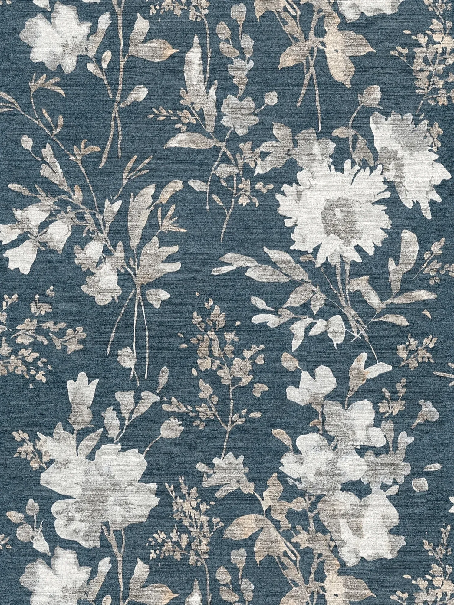 COSMOLiving - Vliestapete leicht glänzend mit verspieltem Blumenmuster – Blau, Metallic, Weiß