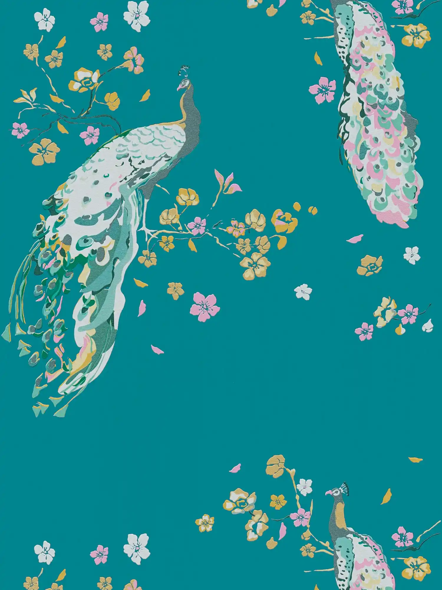         Peacock pattern wallpaper with glossy effect - turquoise, yellow, colourful
    