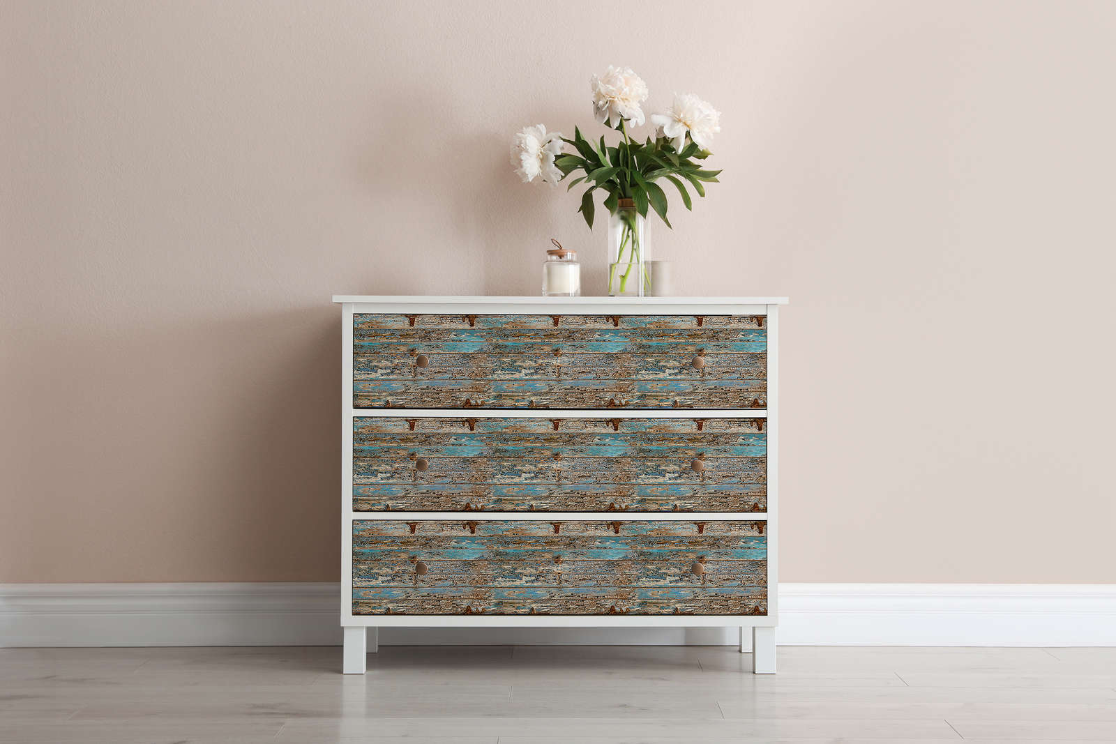             Motivtapete Holzbretter im Used-Look, Shabby Chic Stil – Blau, Beige, Grau
        