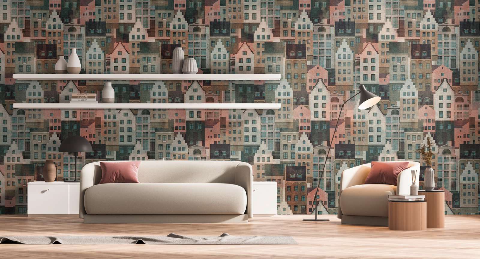             Tapete mit auffälligem Häuser-Muster – Bunt, Blau, Rosa
        