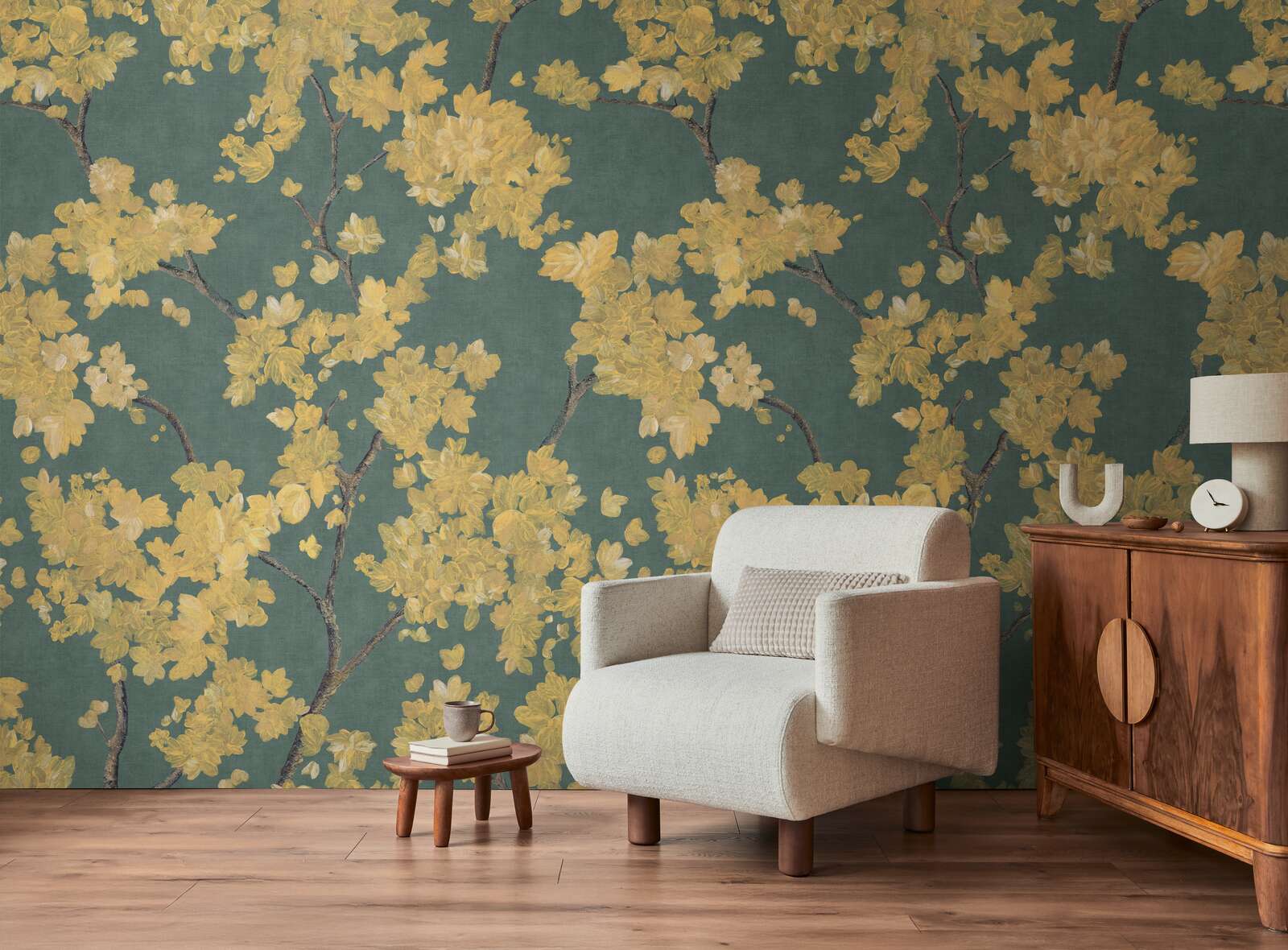 wallpaper,  floral pattern,  yellow flowers,  teal background,  living room