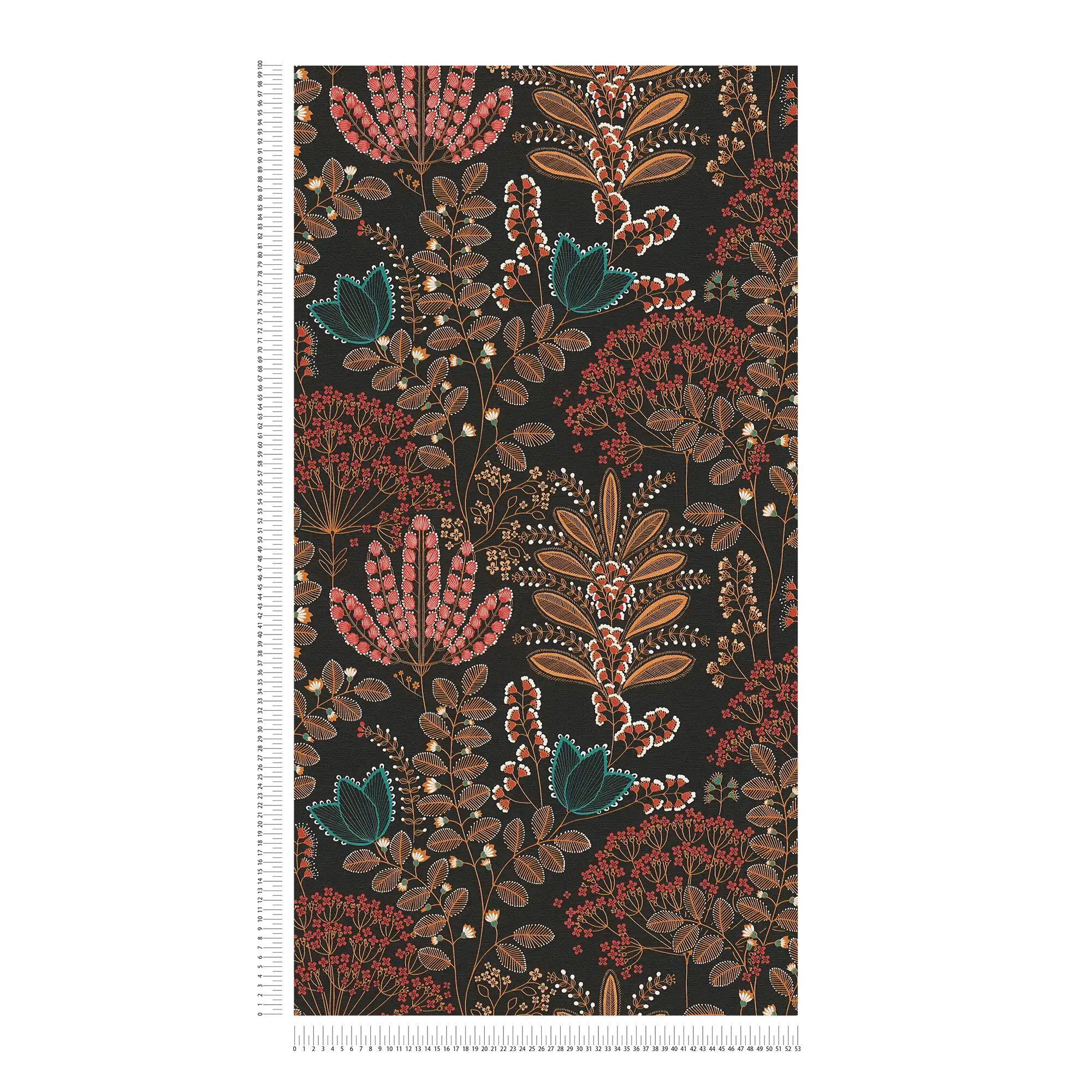            Florale Vliestapete mit Blättern im Retro-Stil leicht strukturiert, matt – Schwarz, Bunt, Petrol
        