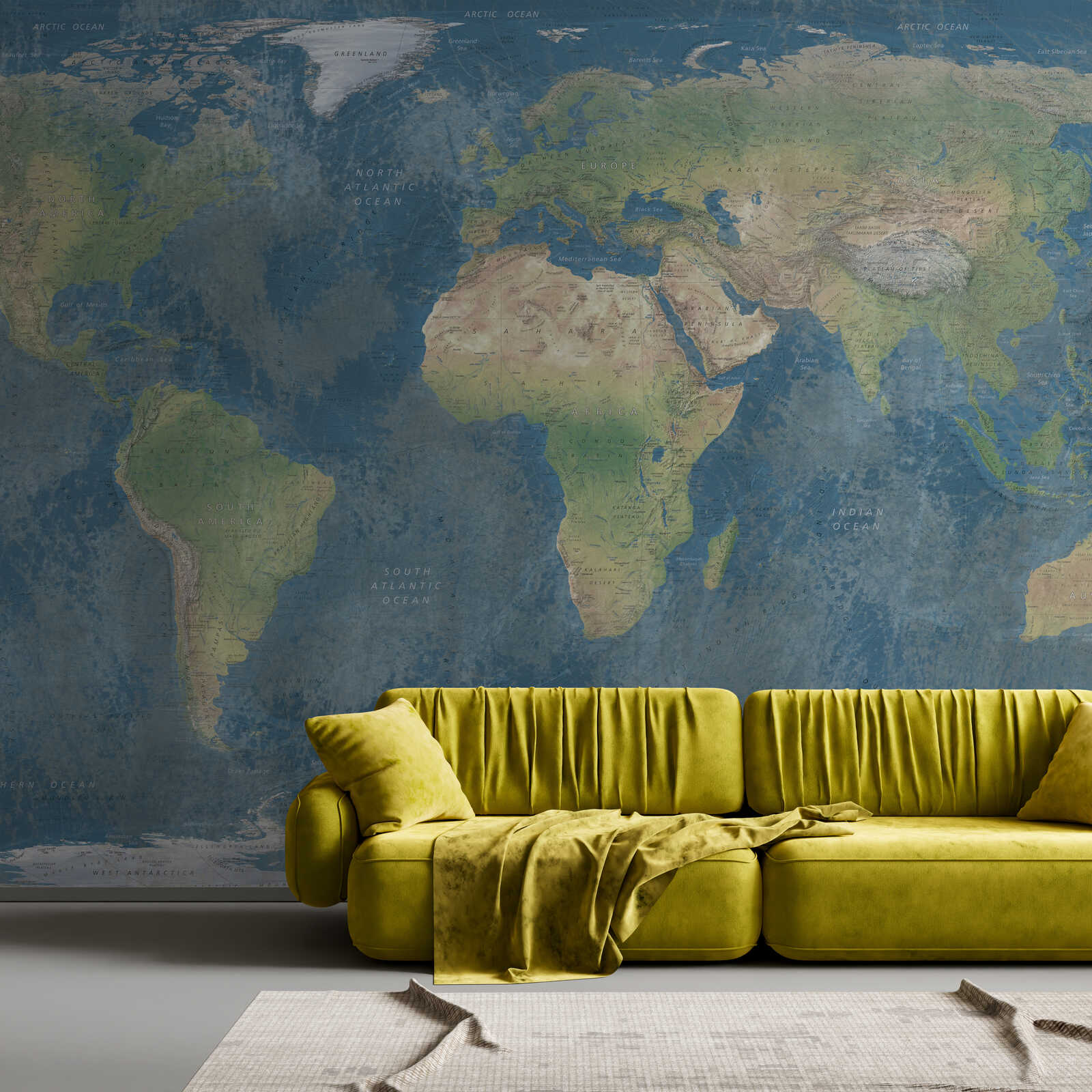 Wandtafel, Wanddeko, Weltkarte, Grau-Öl, Gelbes Sofa