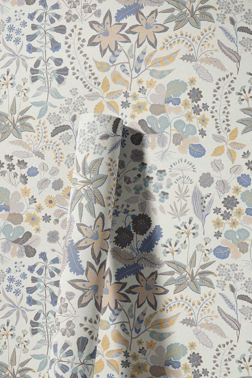             Vliestapete mit detaillierten Blumenmuster - Grau, Blau, Creme
        