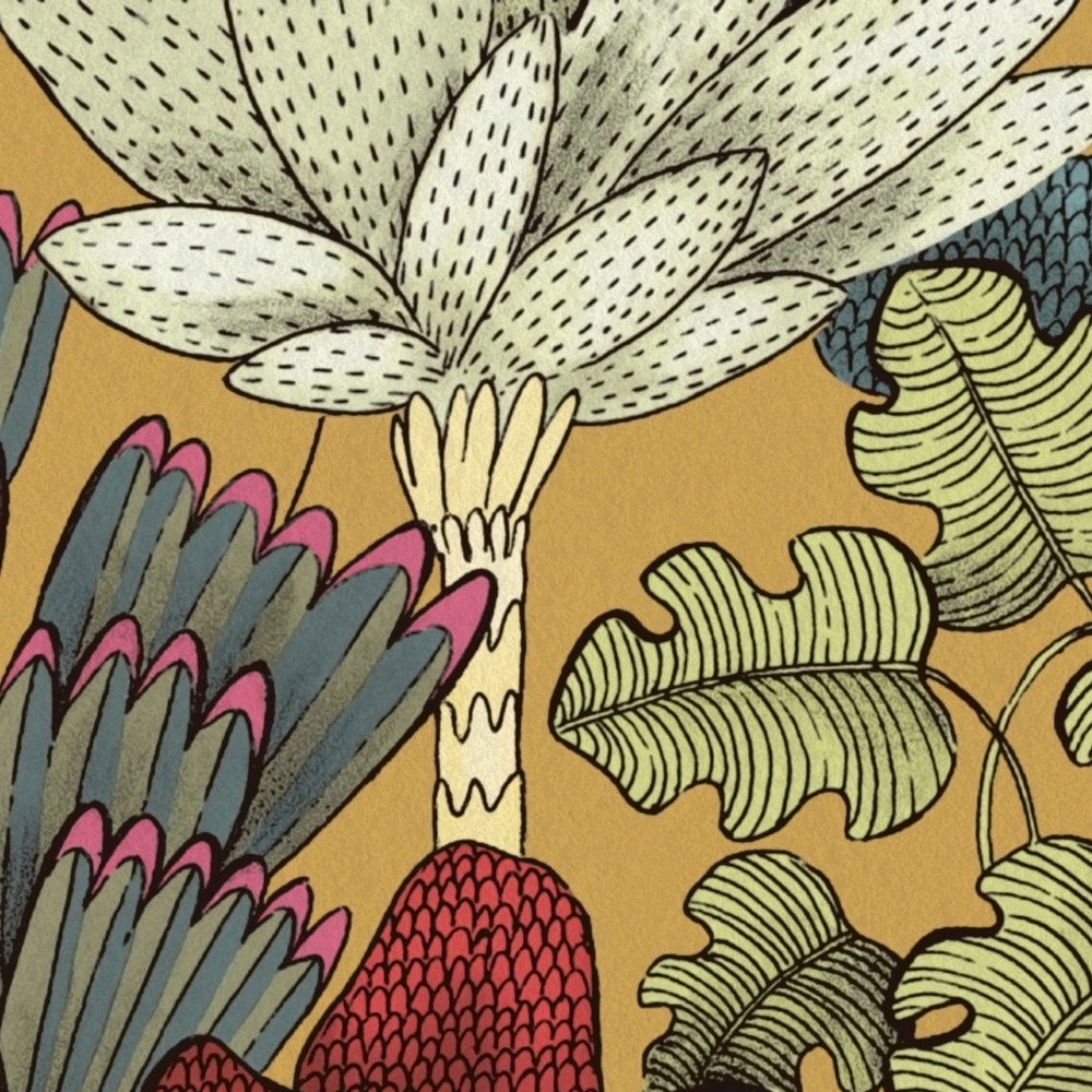             Tapete Senfgelb Bäume mit Doodle Design – Gelb, Rot, Blau
        