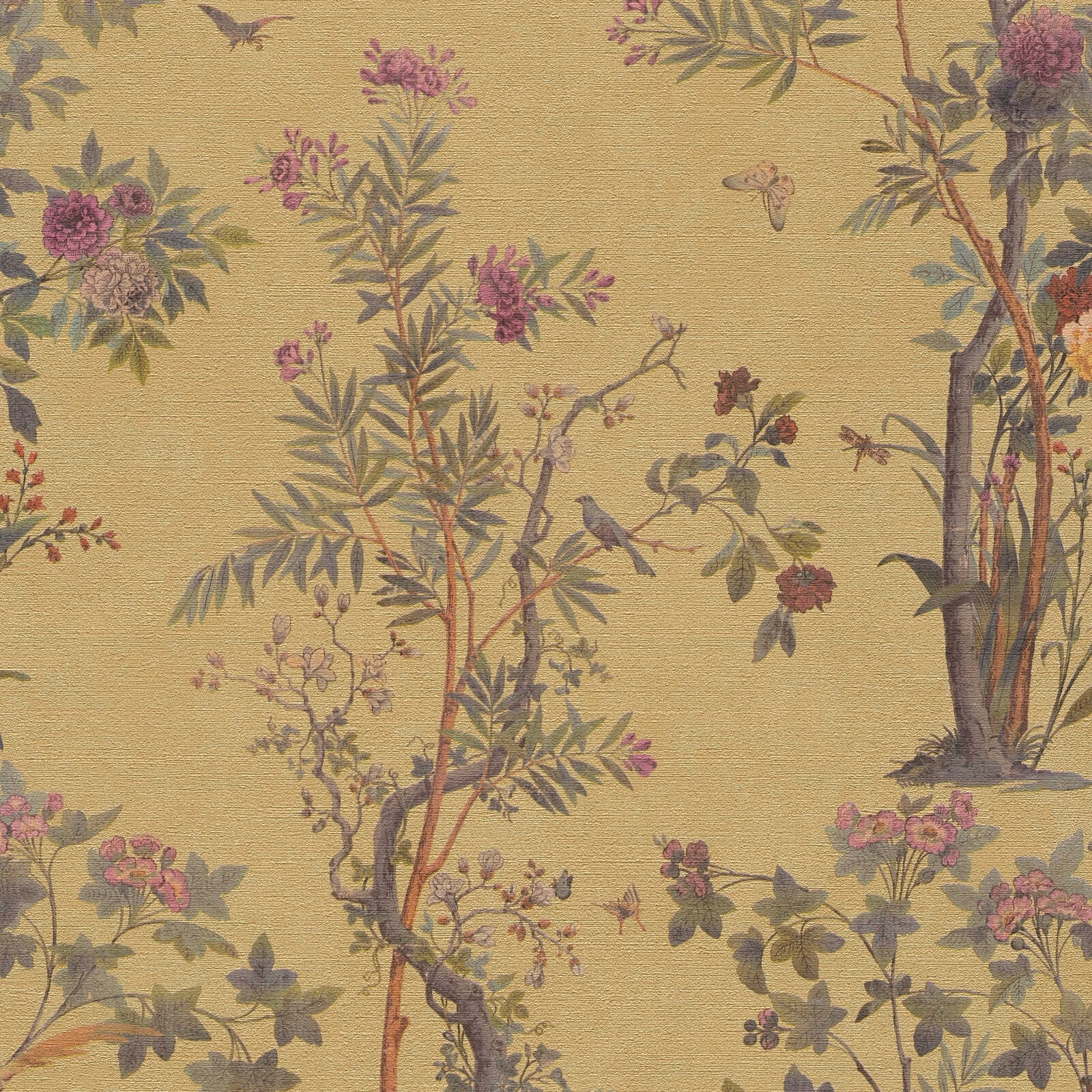 Romantische Vliestapete mit Blüten, Blättern und Vögeln – Gold, Grün