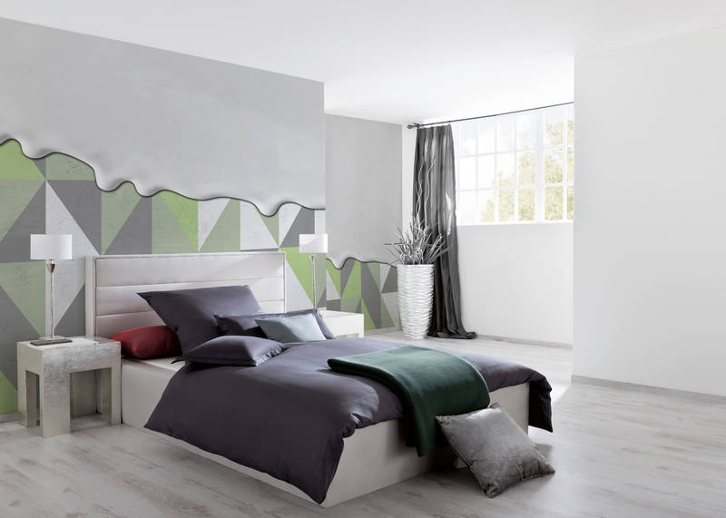  Schlafzimmer, Bettenkopfteil, Geometrische Wandgestaltung, Bettdecke, Kissen