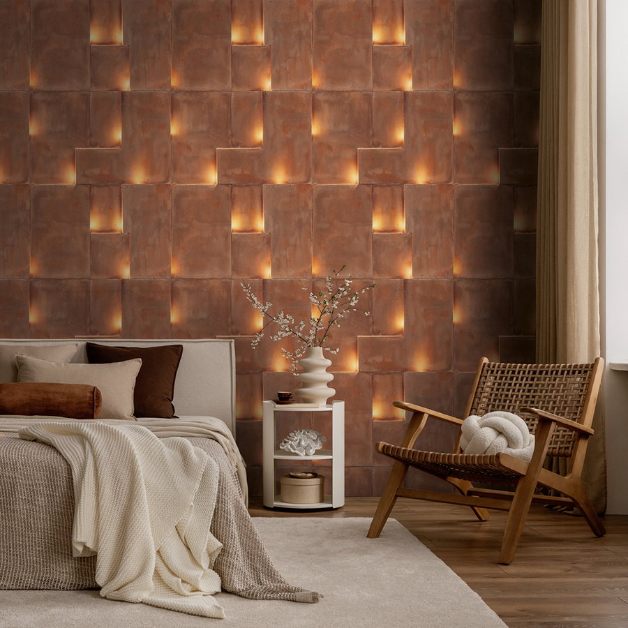 bettzimmer, wandpaneel, lampeffekt, bett, wohnzimmerdeko