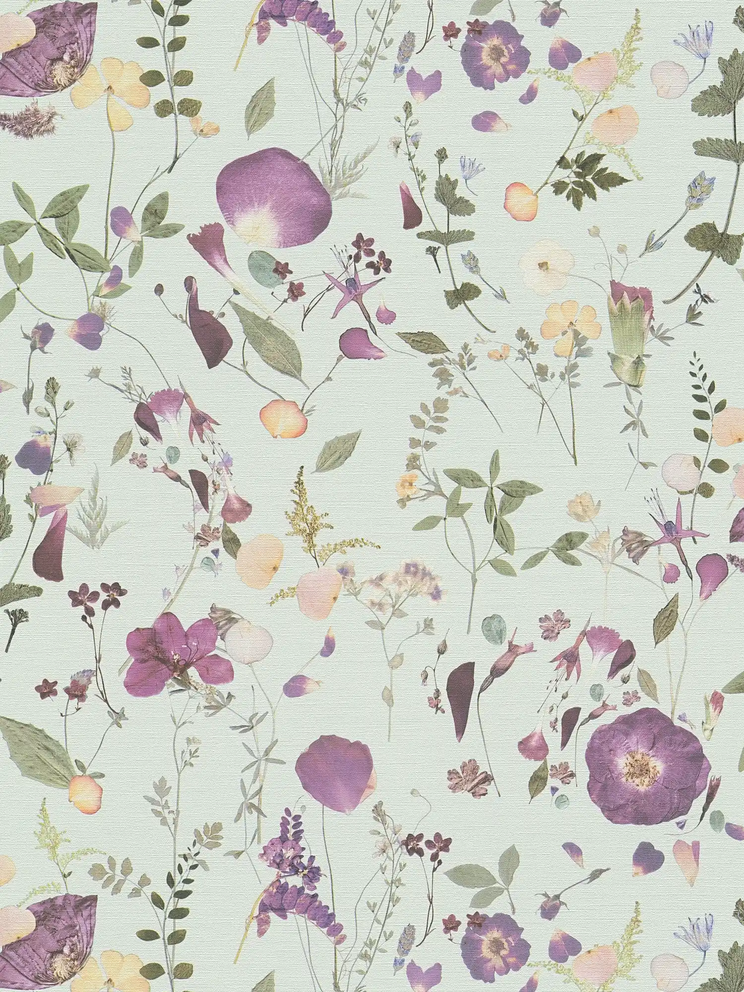         Bouquet of flowers non-woven wallpaper in country house design - green, violet, yellow
    