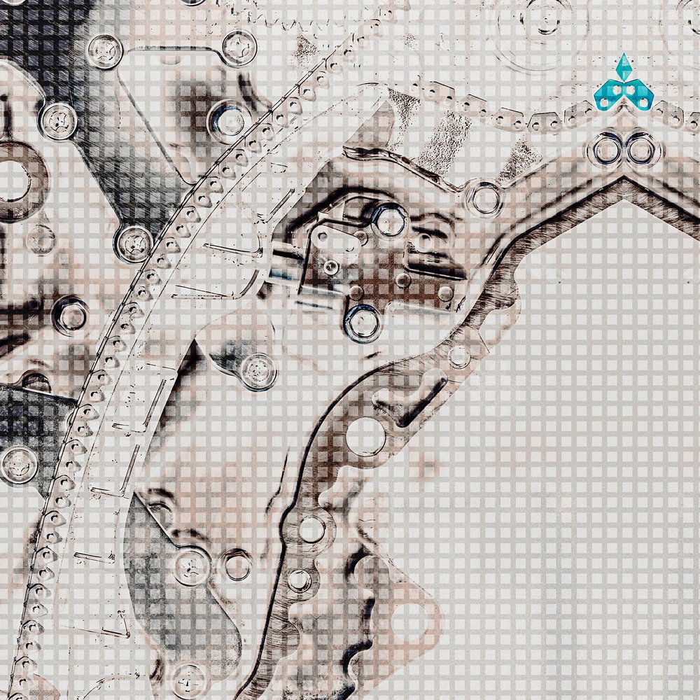             Technik Motiv Fototapete – Vliestapete im symmetrischen Mechanik Look – Grau, Weiß
        