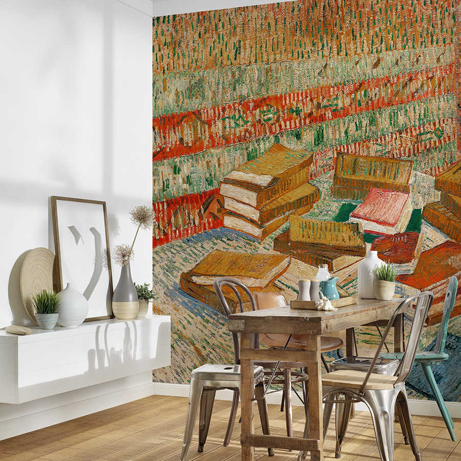 tapeten, wandbild, muster, bücherstapel, gartenstuhl, tisch, küche, einrichtung, wohnzimmer, deko