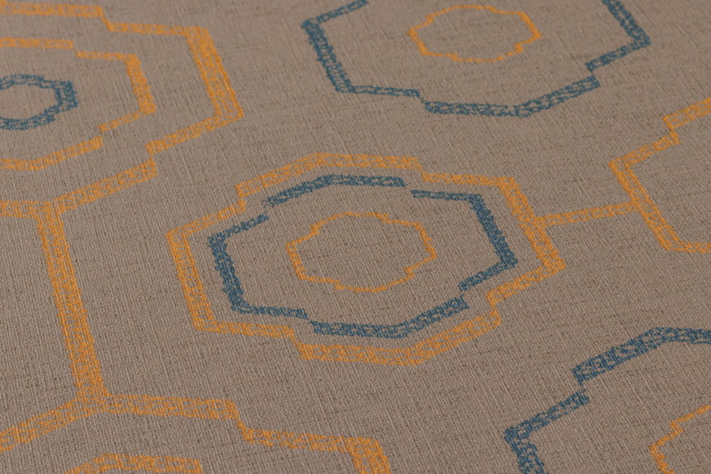 Tapete indigenes Textilmuster mit geometrischem Design – Braun, Blau, Orange