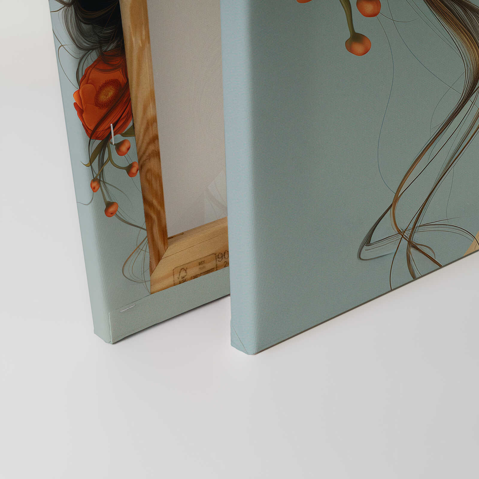             Bohemian Elegance: Leinwandbild mit floraler Akzentuierung und Vintage-Sonnenbrille – 40 x 50 cm - Blau, Orange
        