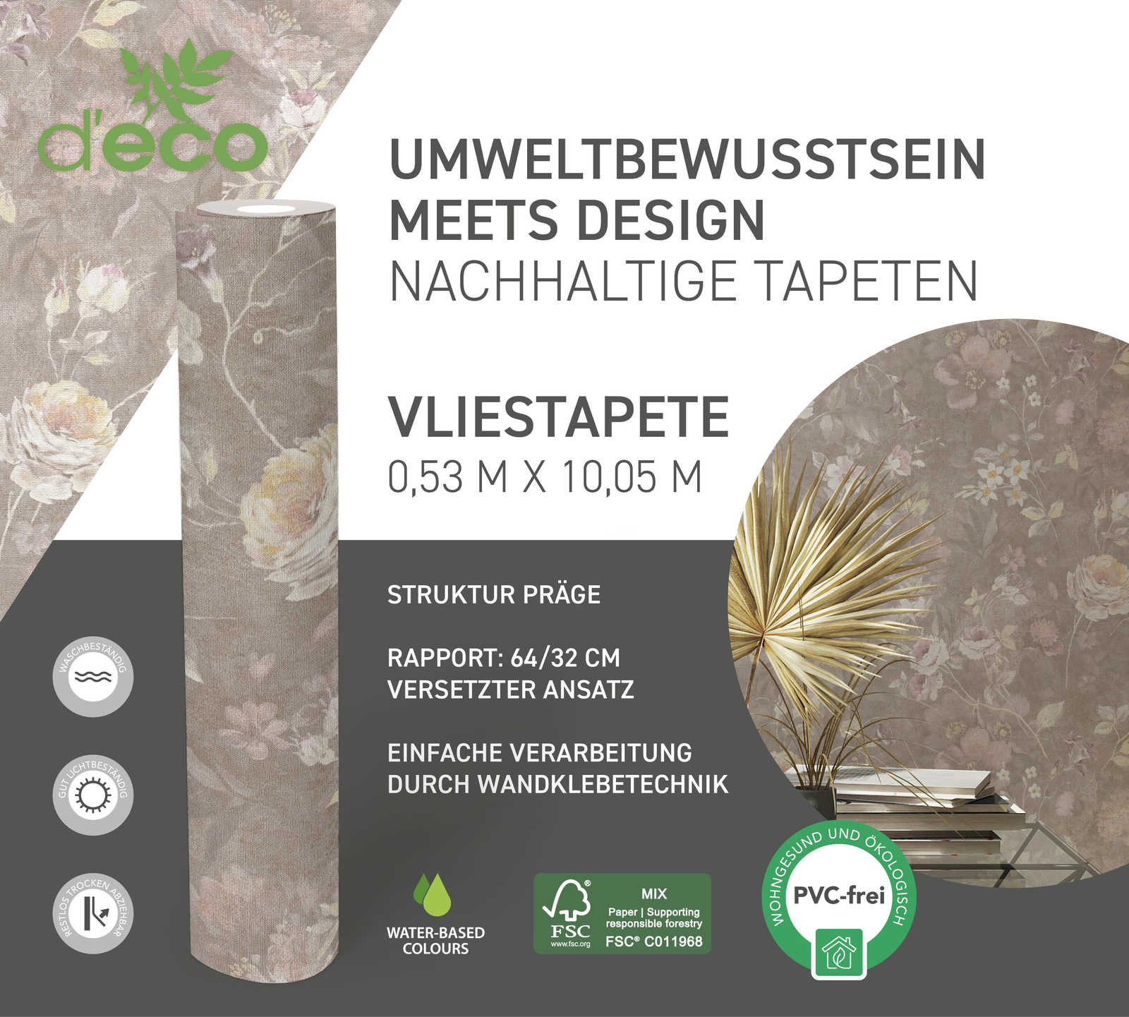             PVC-freie Vliestapete mit Blumenmuster – Braun, Bunt, orange
        