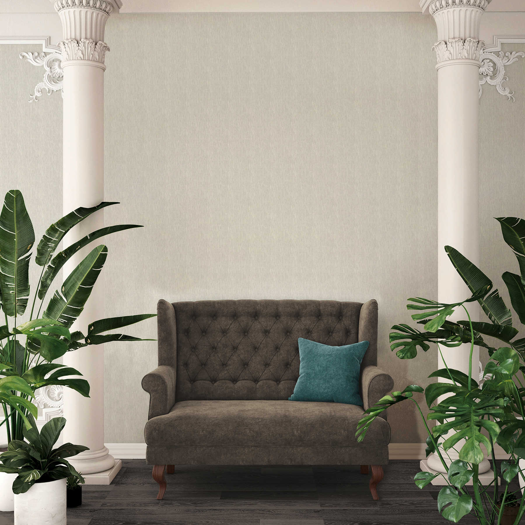             Graue Tapete mit Metallic Linien & Strukturprägung
        