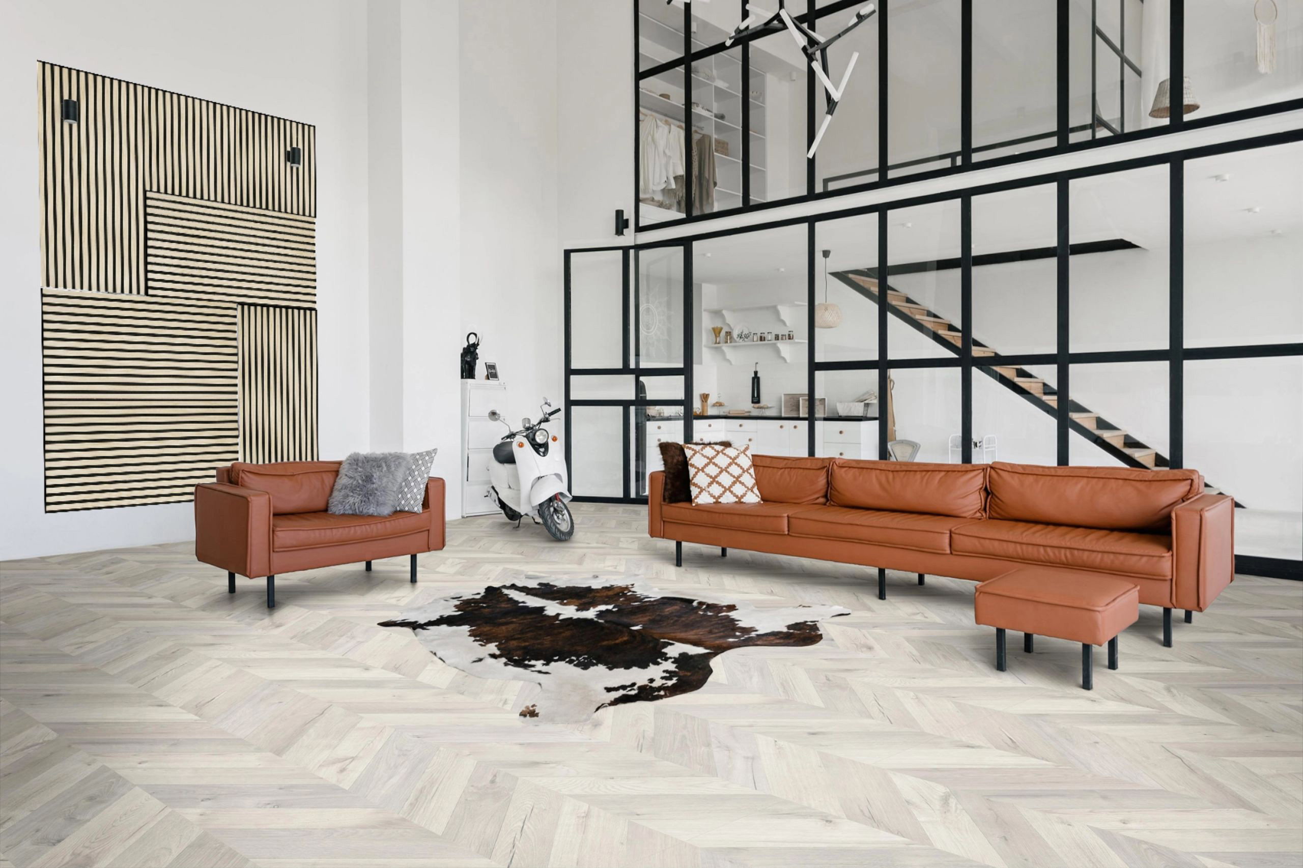 Wohnzimmer, Leder-Sofa, Terrakotta, Moderne Einrichtung, Fellteppich