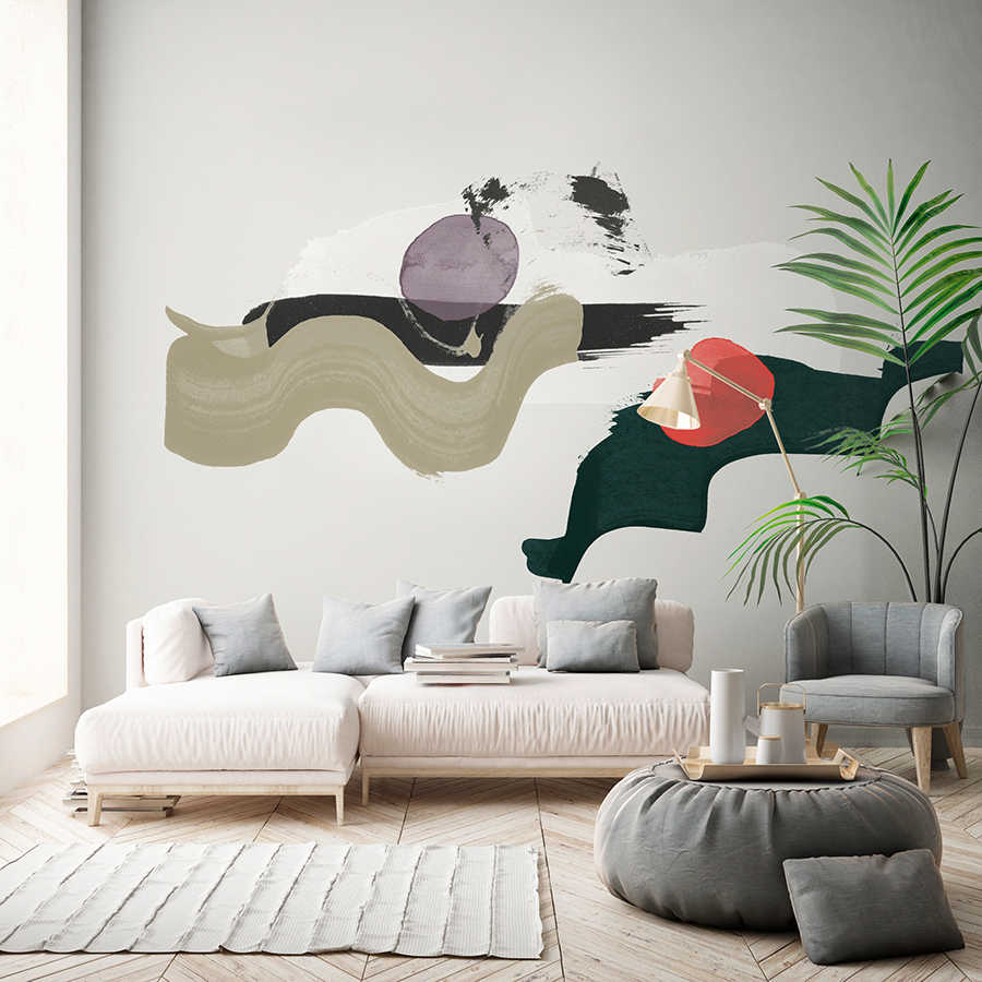 abstract mural, wall art, sofa, pillow, plant decor