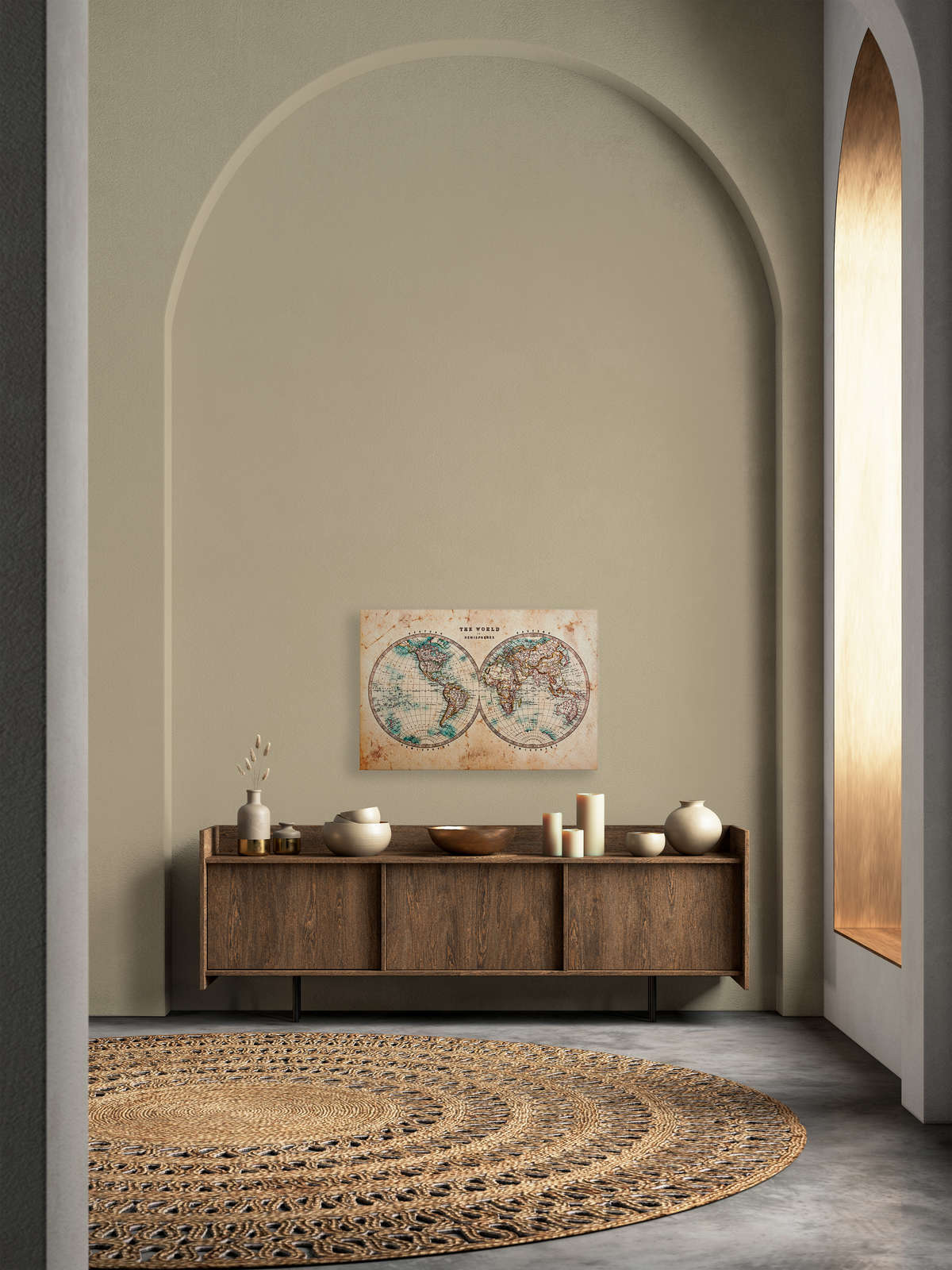 Leinwand mit Vintage Weltkarte in Hemisphären | braun, beige, blau – 0,90 m x 0,60 m