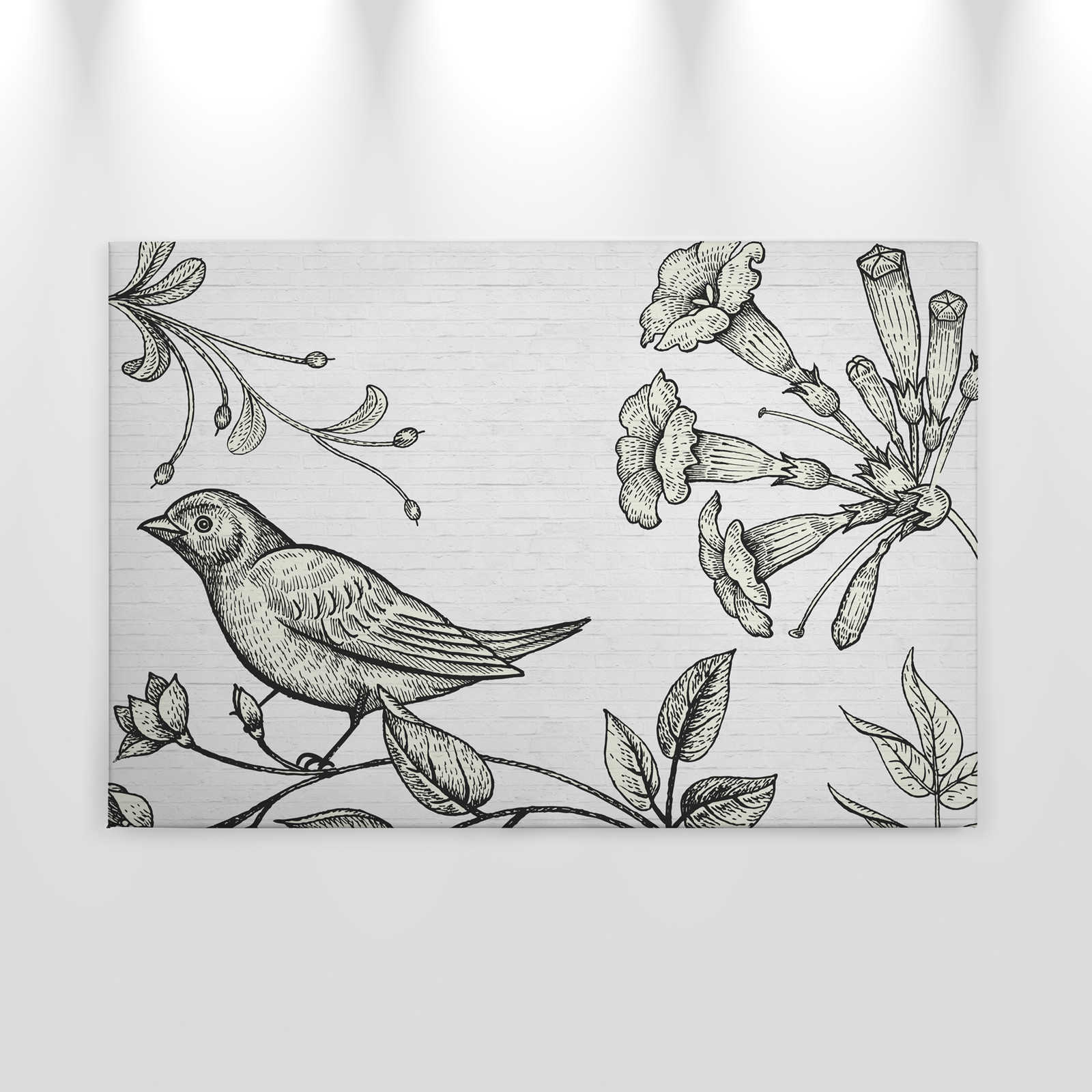             Steinwand Leinwandbild mit Vogel & Blumen Grafik – 0,90 m x 0,60 m
        