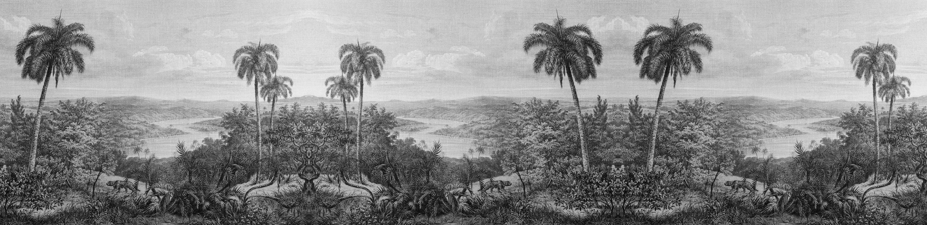 Drucktapete, Dschungelmotiv, Palmen, Szene mit Bäumen, Panorama-Landschaft