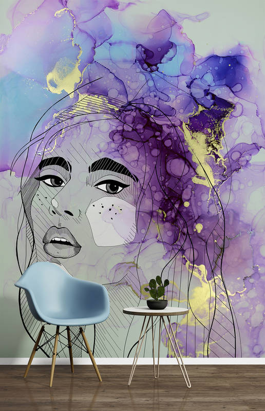             Fototapete Frauen Line Art Motiv, Farbwolken & Gold Effekt
        