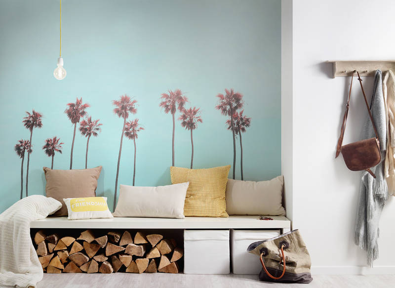sofa, Kissen, Wandbild, Palmenwald, Brennholz