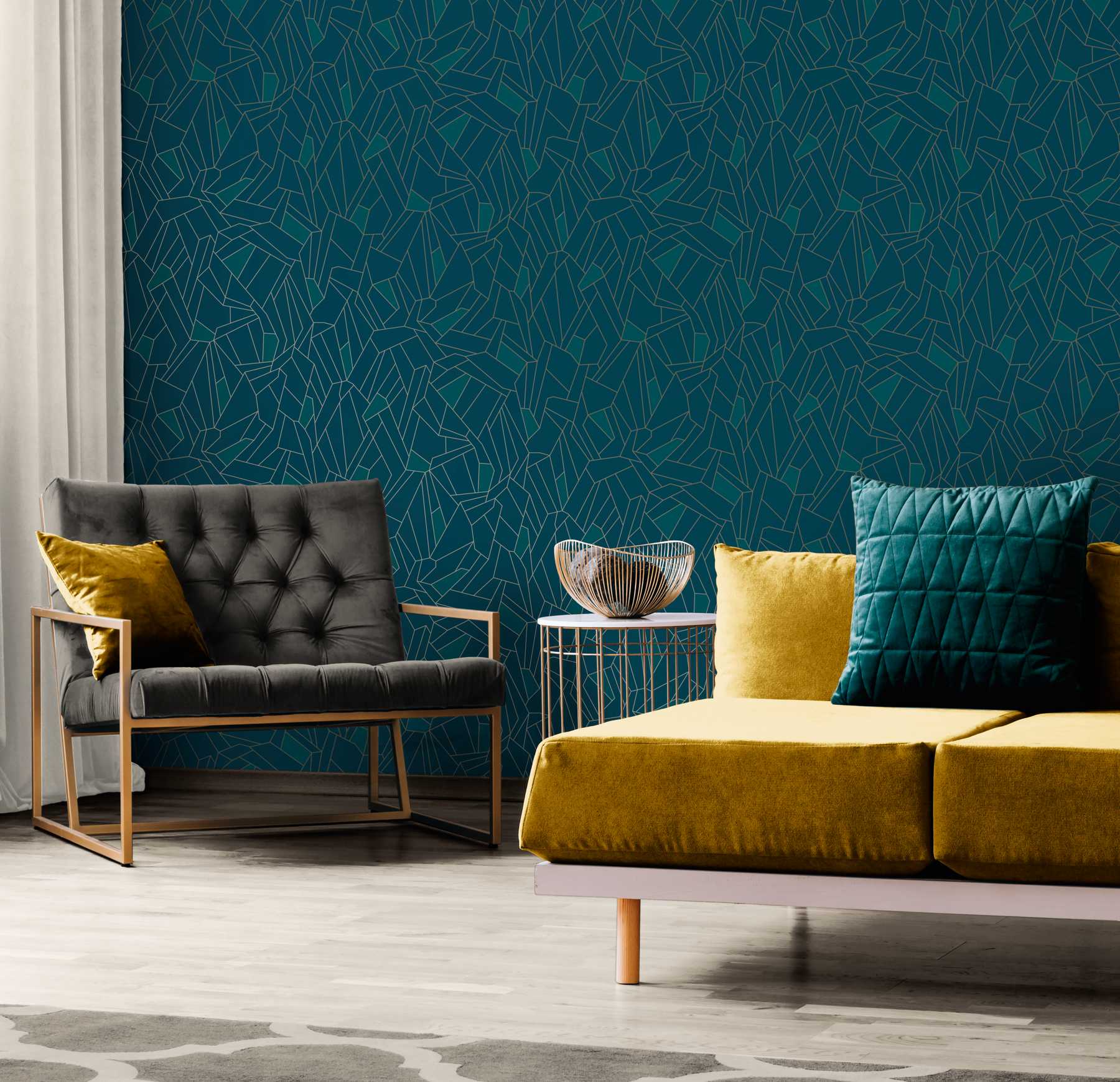             Retro Vliestapete mit Glitzer-Effekt – Blau, Petrol, Beige
        