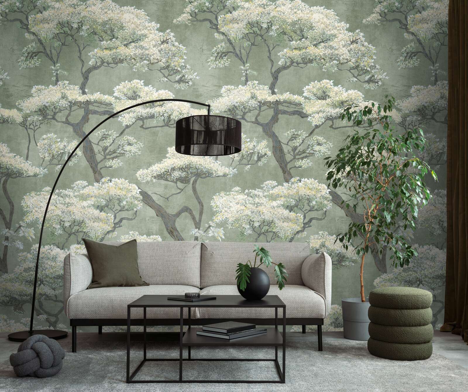 Wohnzimmerwand·Tapete, Blumentapete, Graugrüne Wand, Sofa, Dekoration