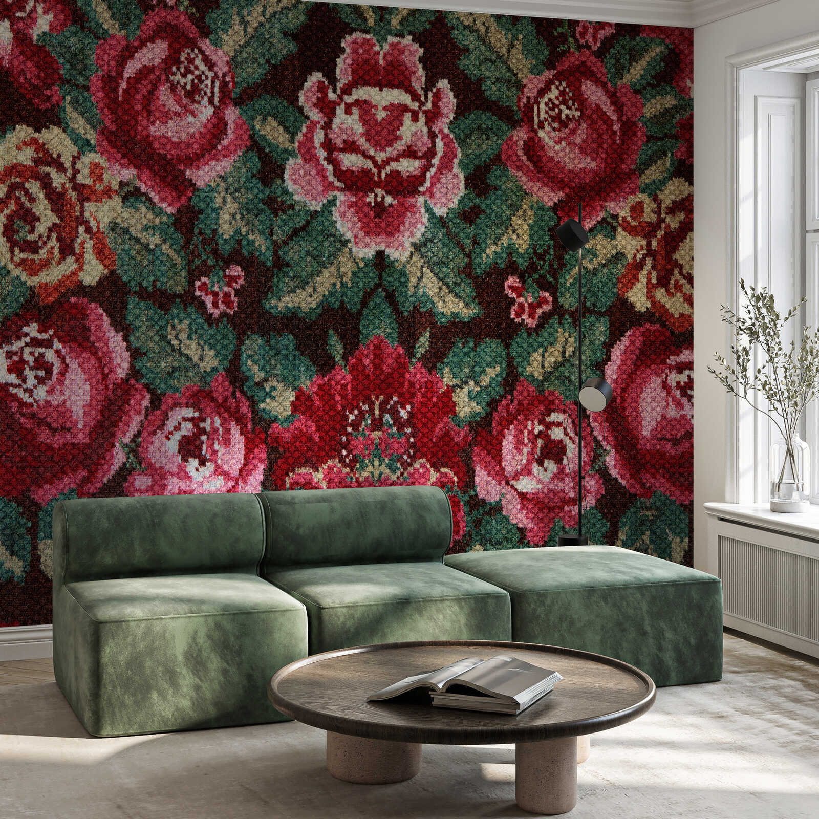 Möbel, Sofa, Grüne Couch, Rundtisch, Blumenmuster-Wandtapete