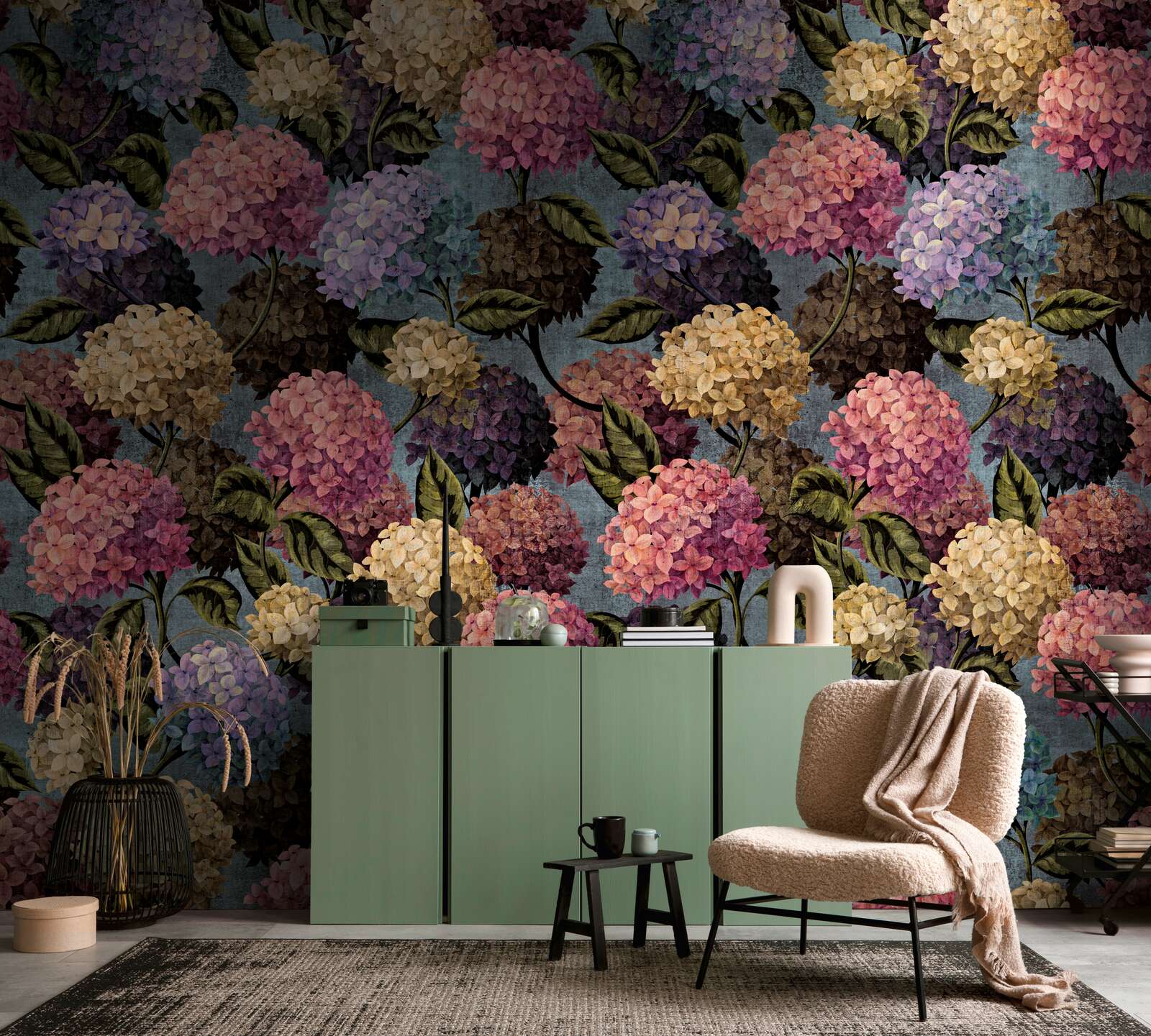 Hydrangea pattern, Floral wallpaper, Pastel hydrangeas, Green cabinet, Living room decor