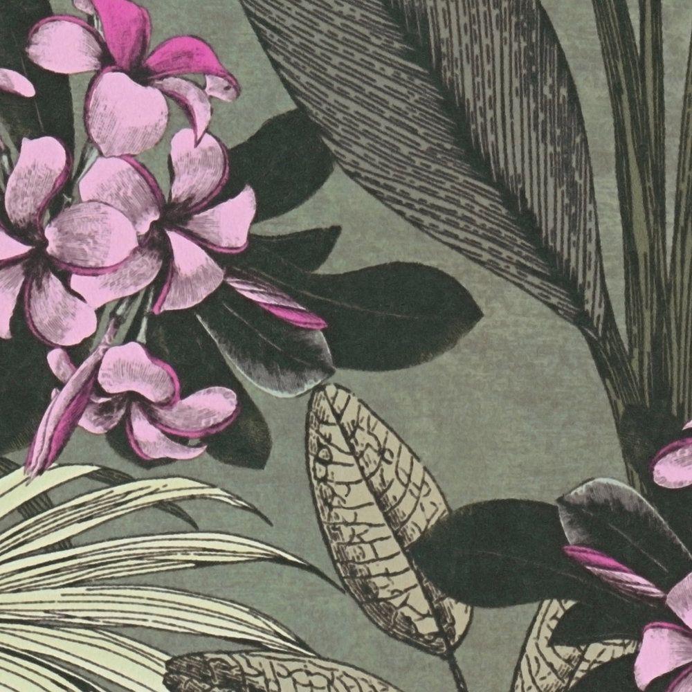             Dschungel Tapete Blätter, Blumen und Vögel – Grau, Grün
        