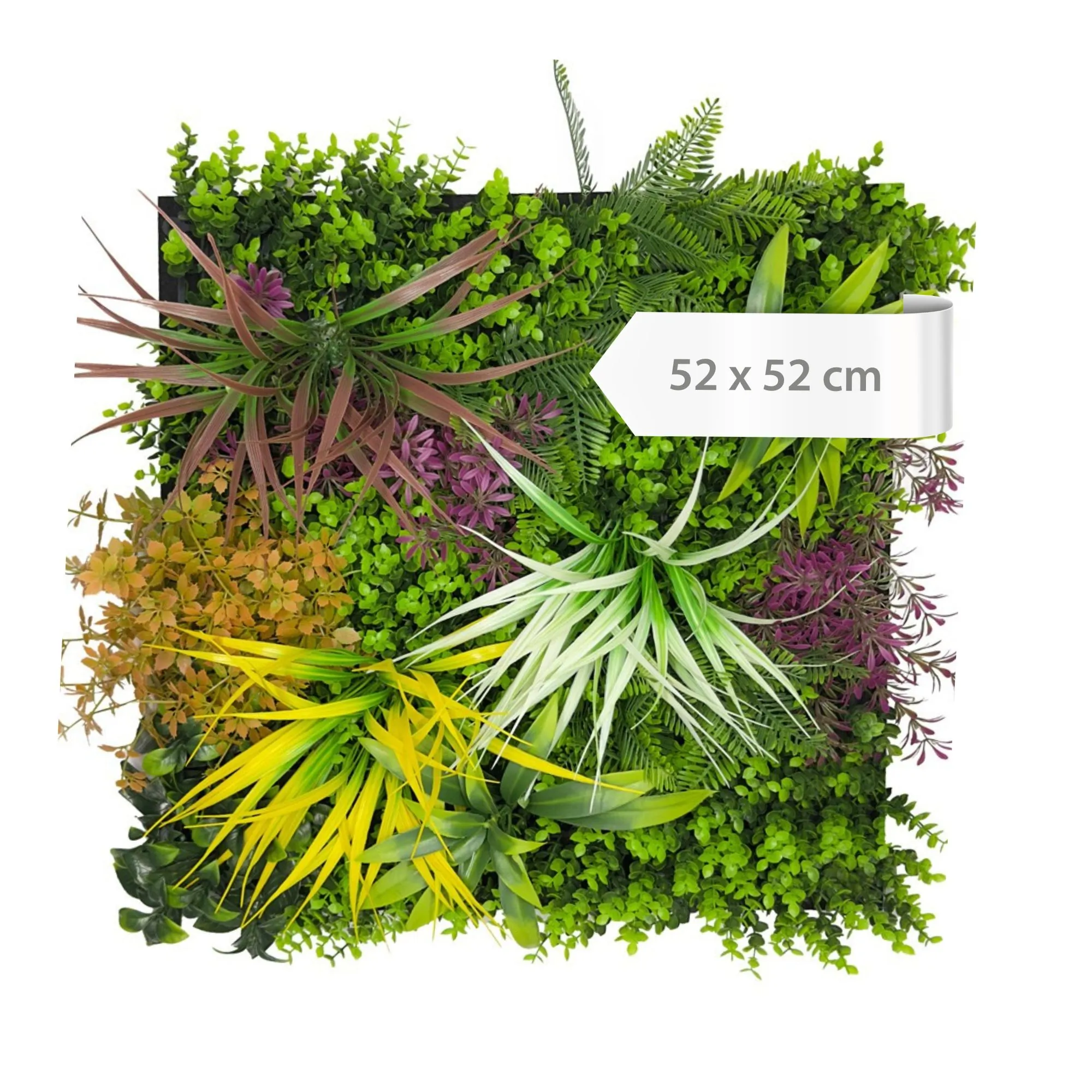 Wall panels with a mixed-flora design and artificial flowers, 52 x 52 cm – green, red, purple