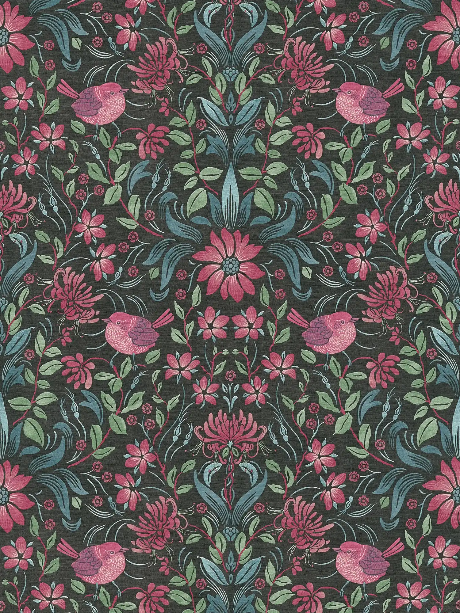             Verspielte Blumentapete mit Vögeln – Schwarz, Pink, Blau
        