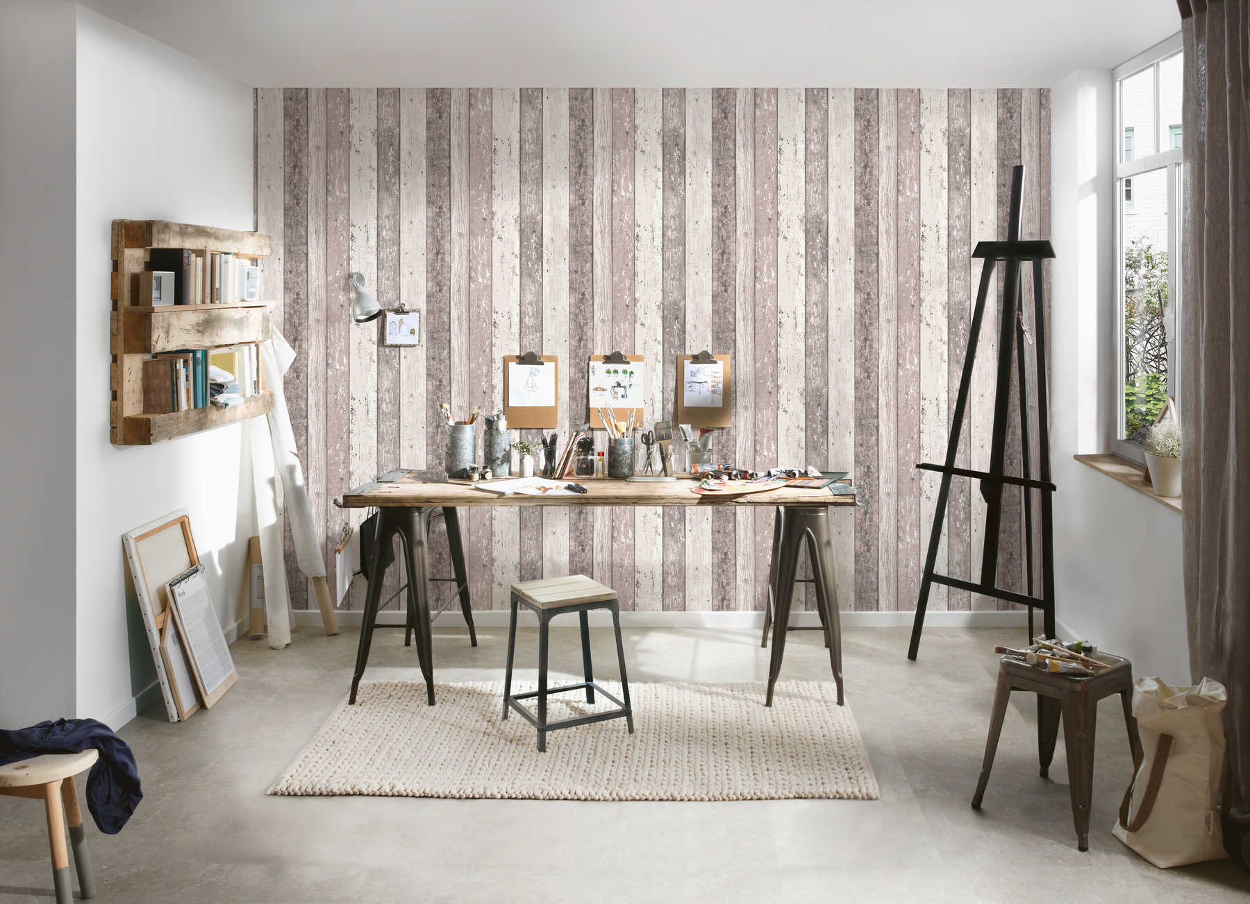             Bretter-Tapete mit Holzoptik im Used-Look – Braun, Creme
        