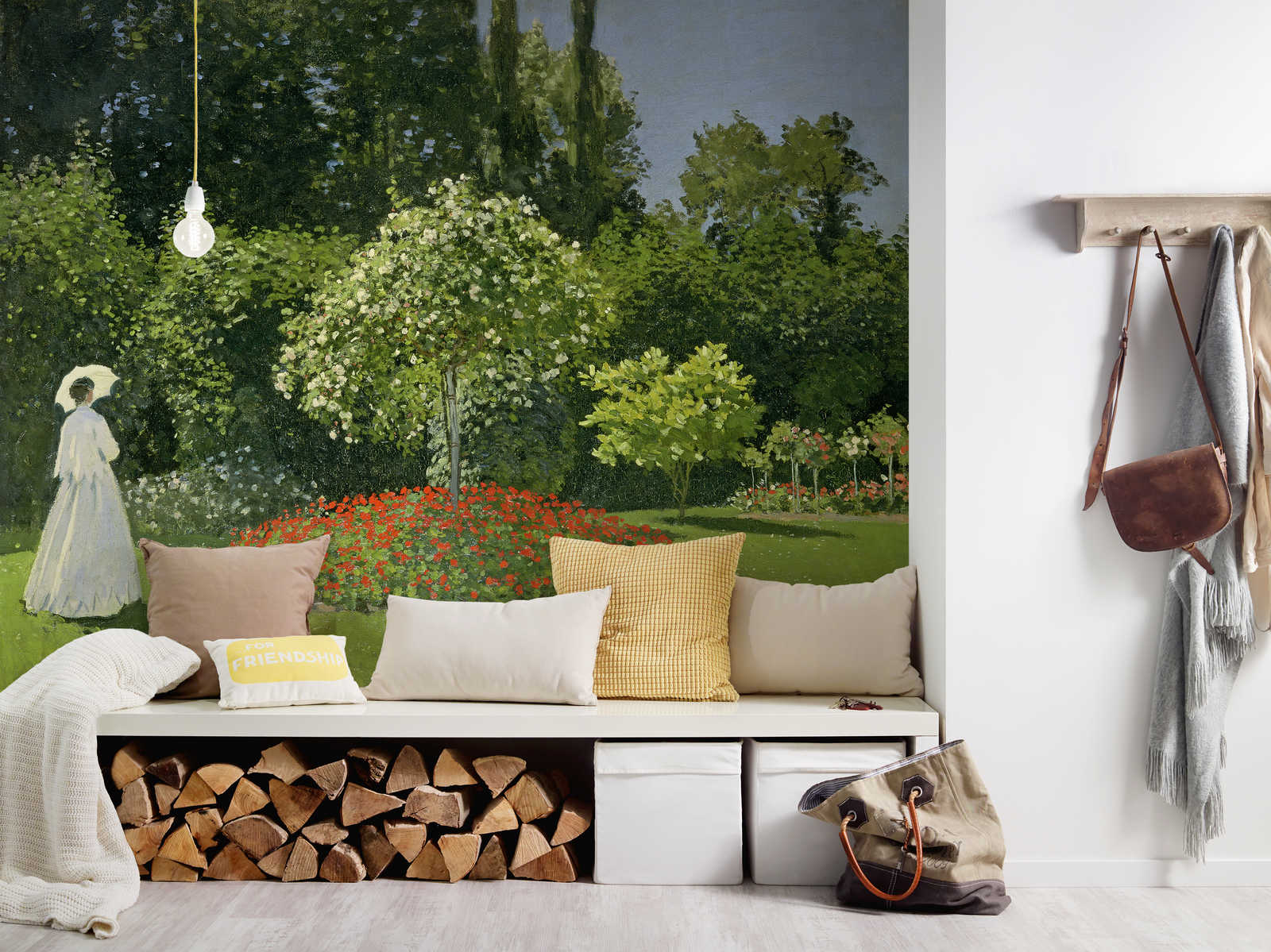 garten, wandbild, sofa, kissen, holzscheite