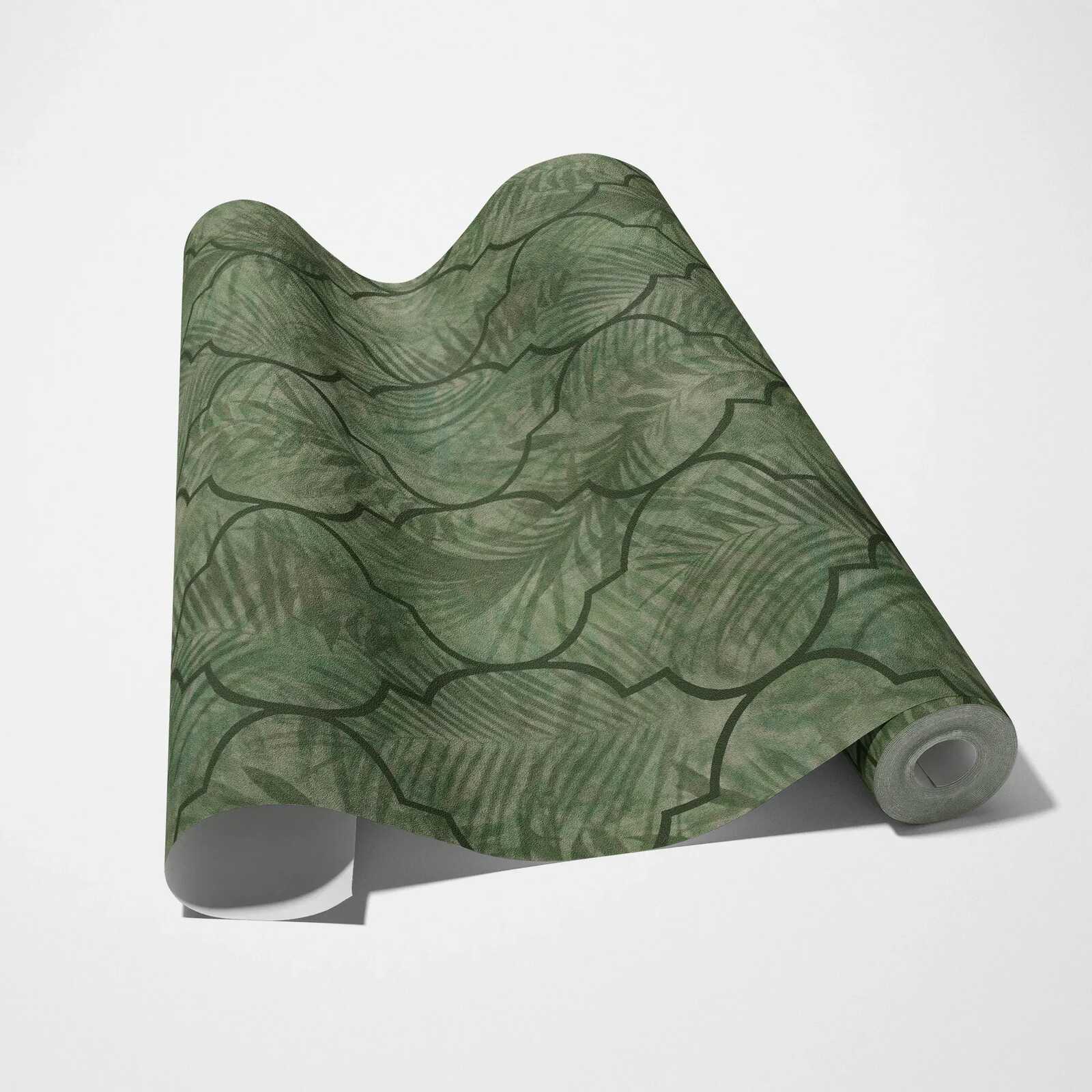             Vliestapete mit Blättermuster auf Fliesenoptik – Grün
        