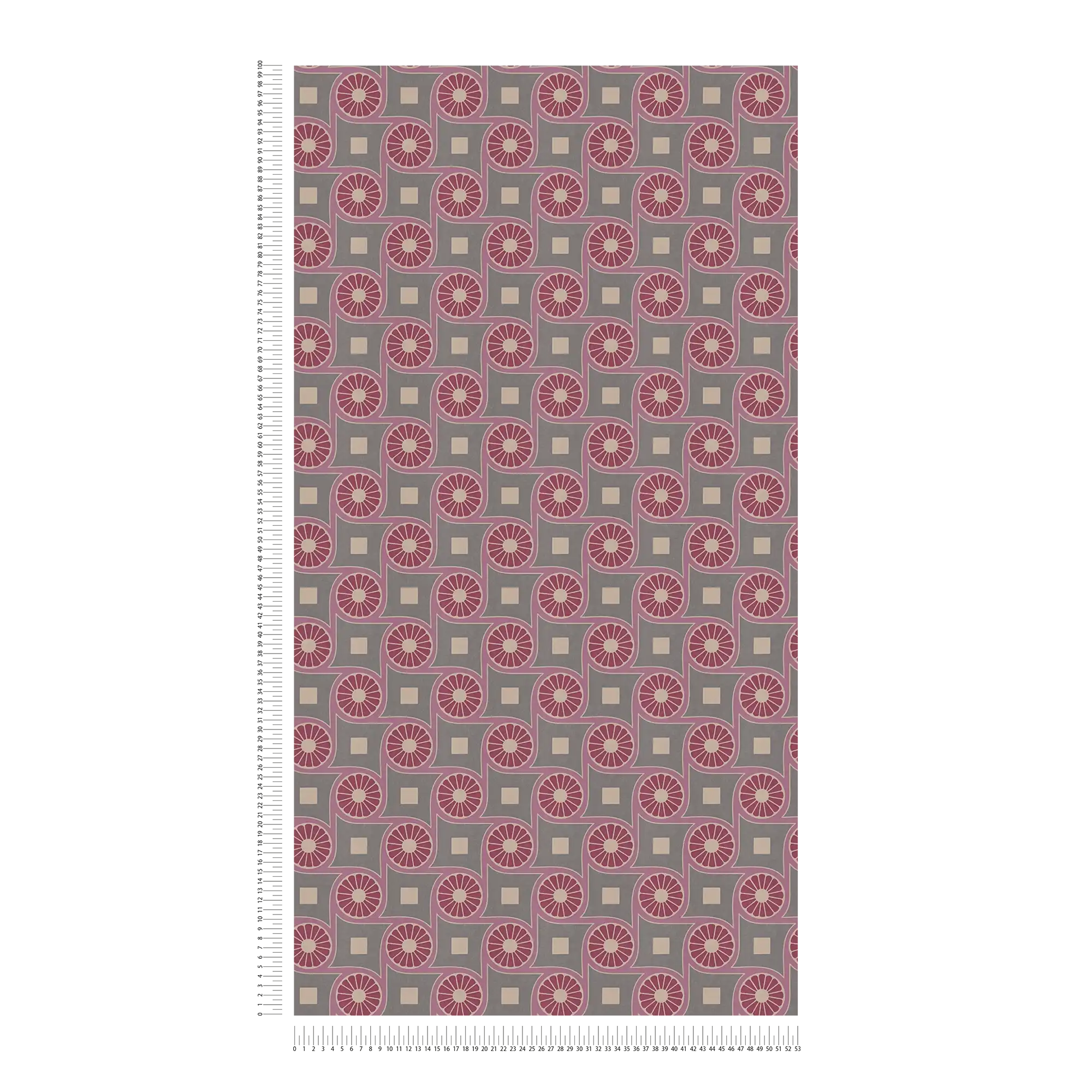 Retro Vliestapete mit Kreismuster und Quadraten – Lila, Rot, Beige