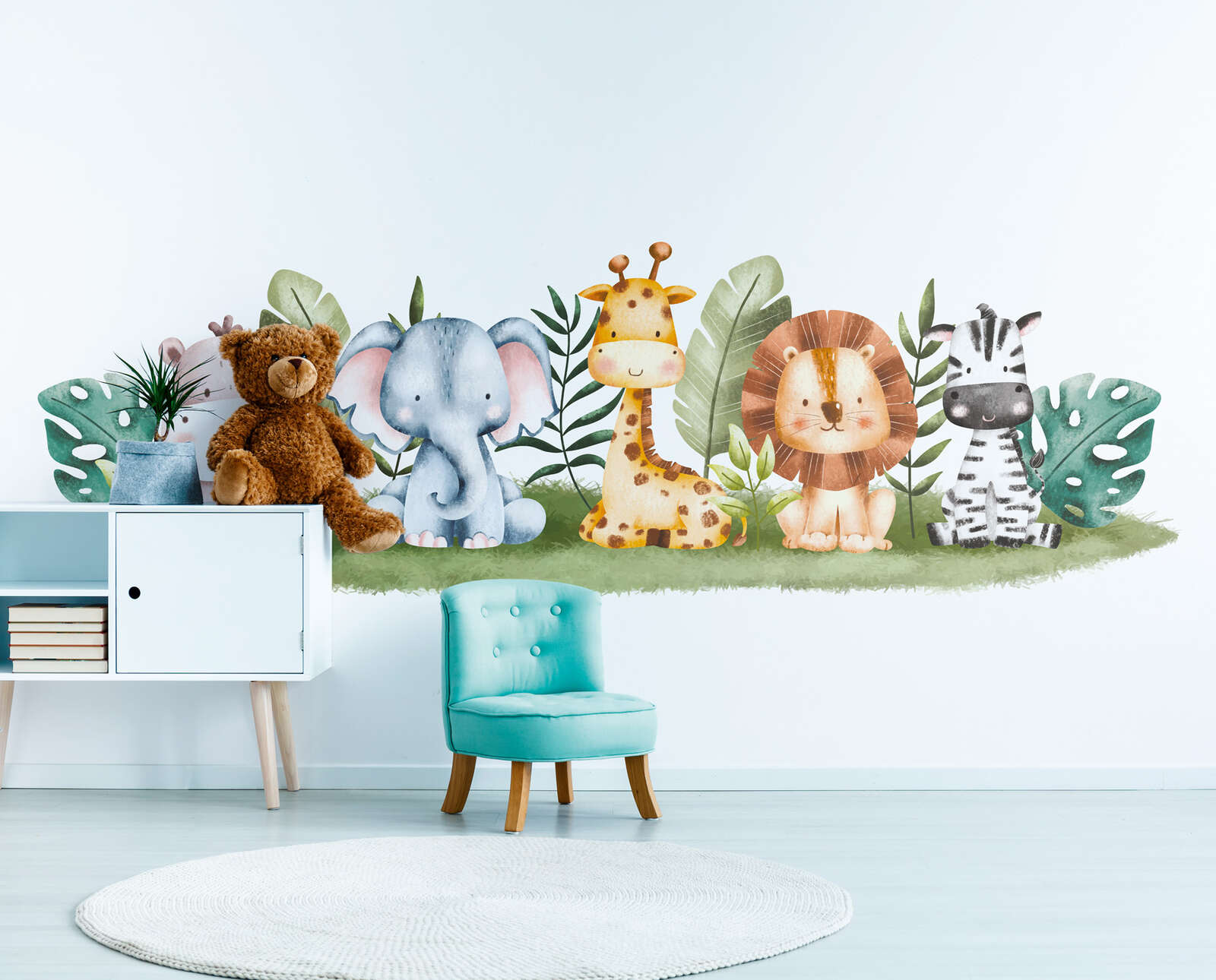             Kinderzimmer Fototapete Dschungelfreunde - niedliche Babytiere als Vliestapete – Bunt
        