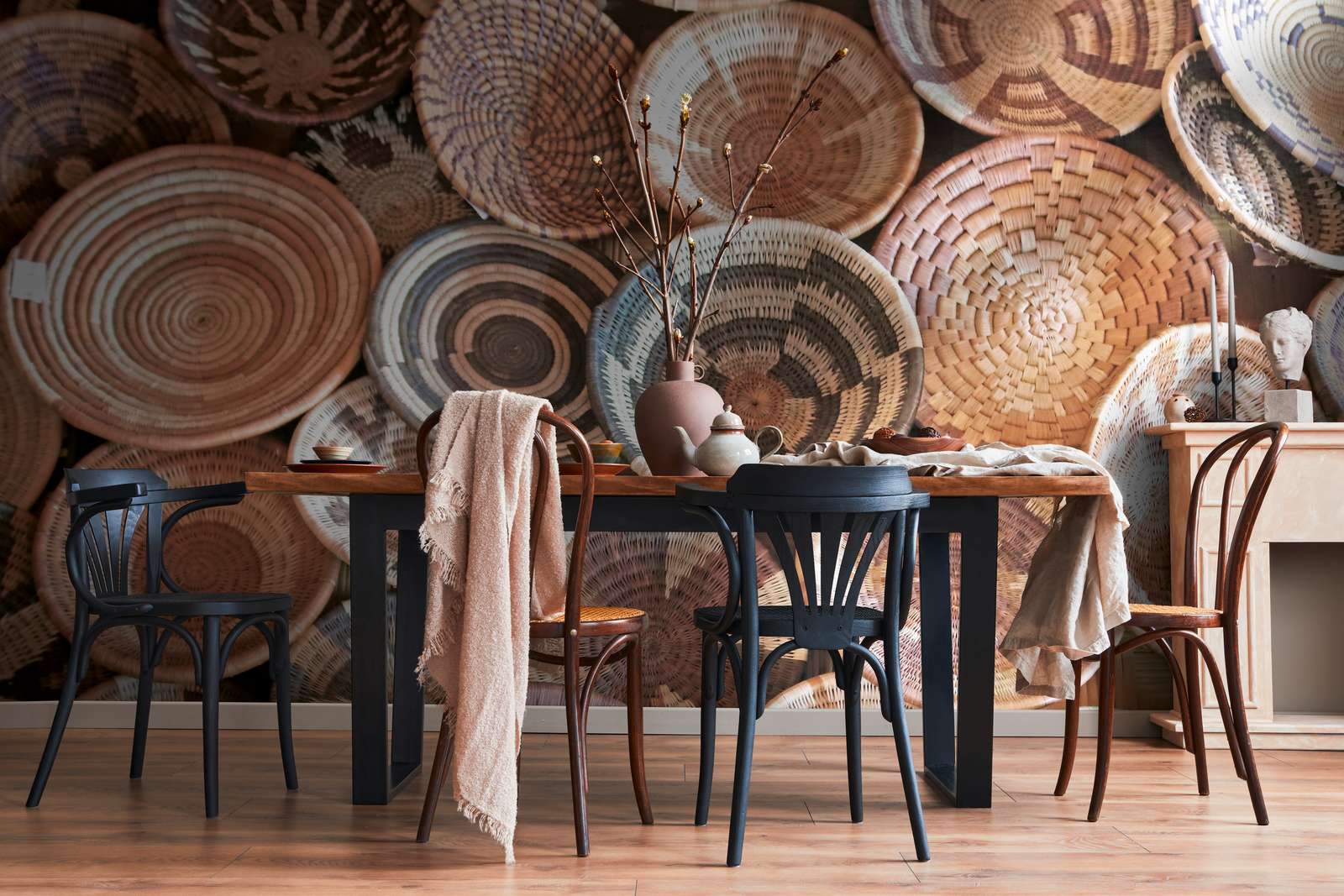 korbware, Rattan, Tisch, Stühle, Deko