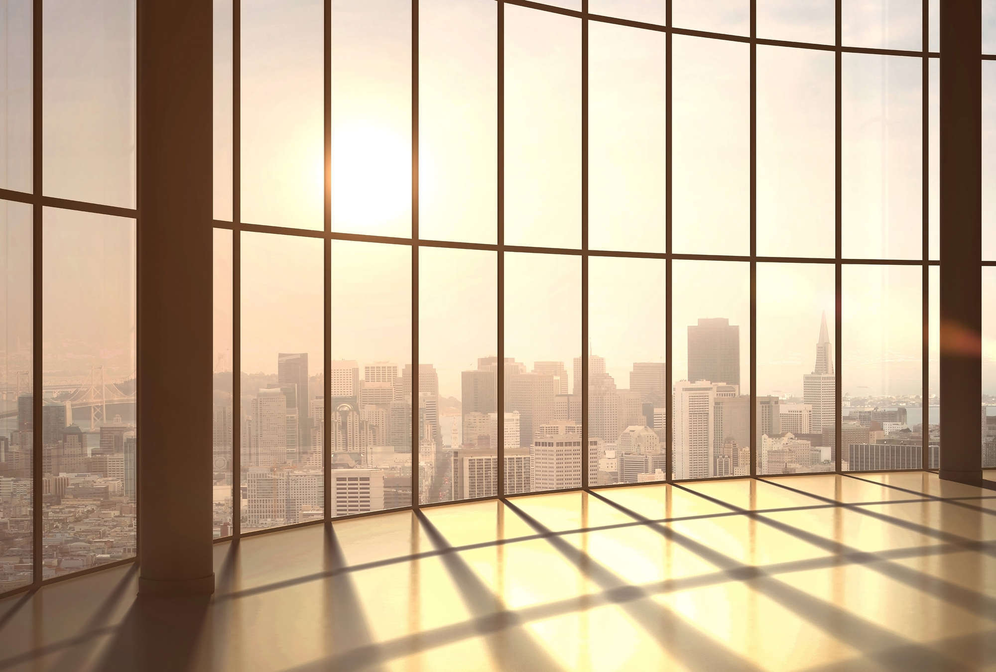             Stadt Fototapete – Panorama Hochhaus mit Sonnenuntergang – Beige, Braun
        