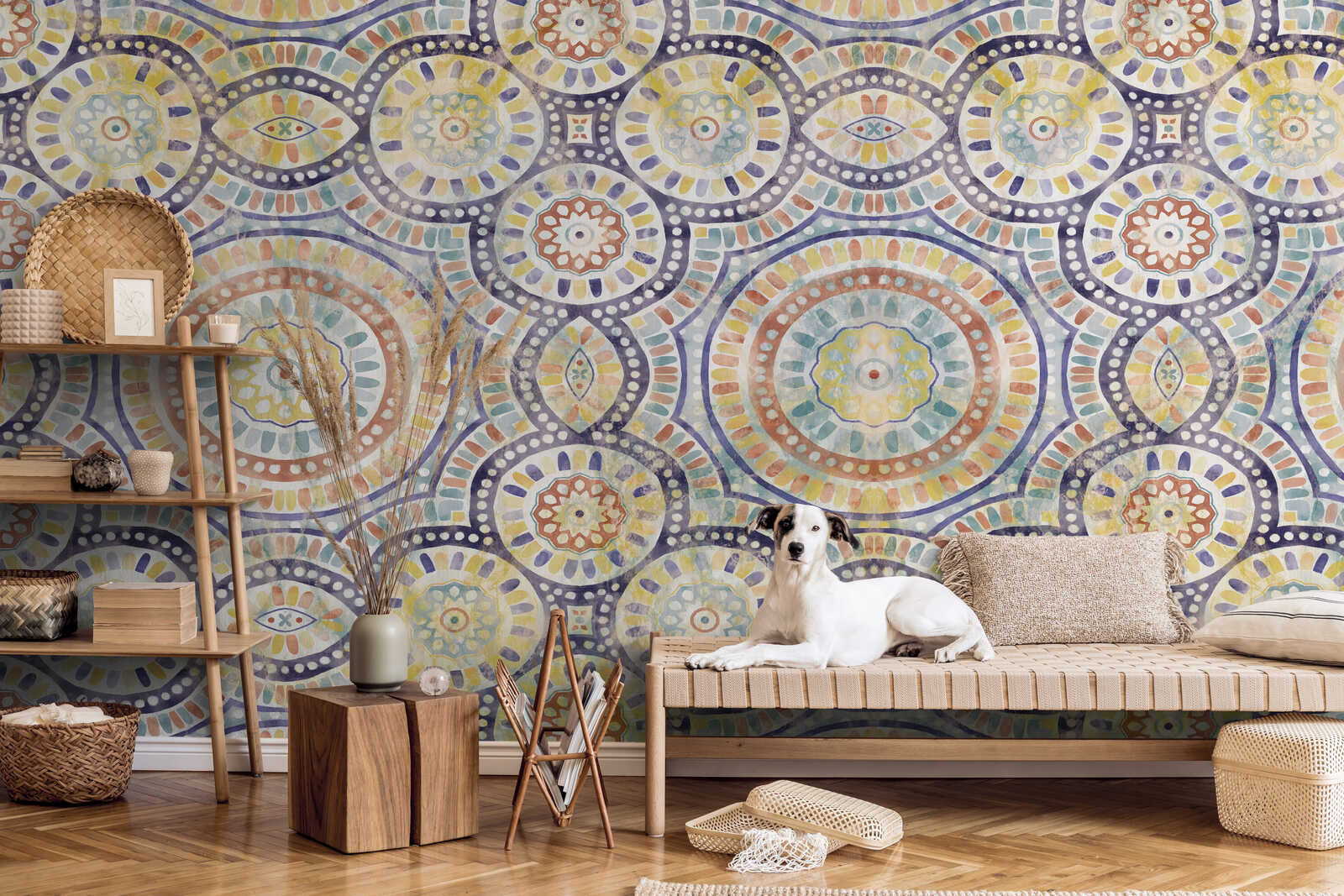 wohnzimmer, wandtapete, mosaikmuster, sonniges farben, hundehaar
