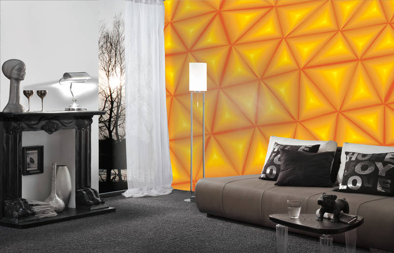 wohnzimmer, sofa, akzentwand, -stehlampe, dekorativer kamin