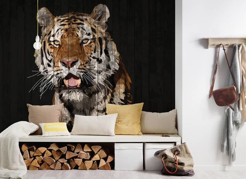             Muurschildering Tijger met houtlook & polygoonstijl - Bruin, Wit, Zwart
        