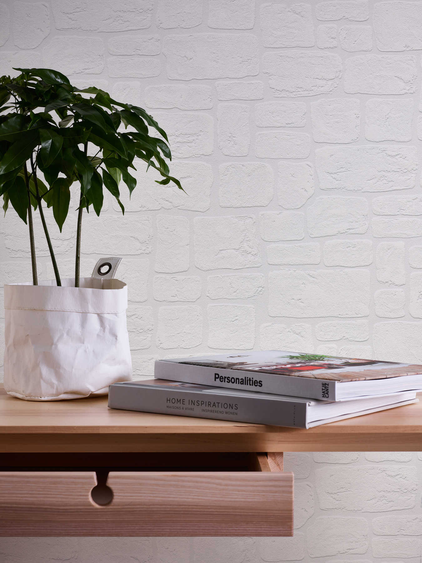 Stein-Tapete mit Mauer-Design und 3D-Effekt – Weiß
