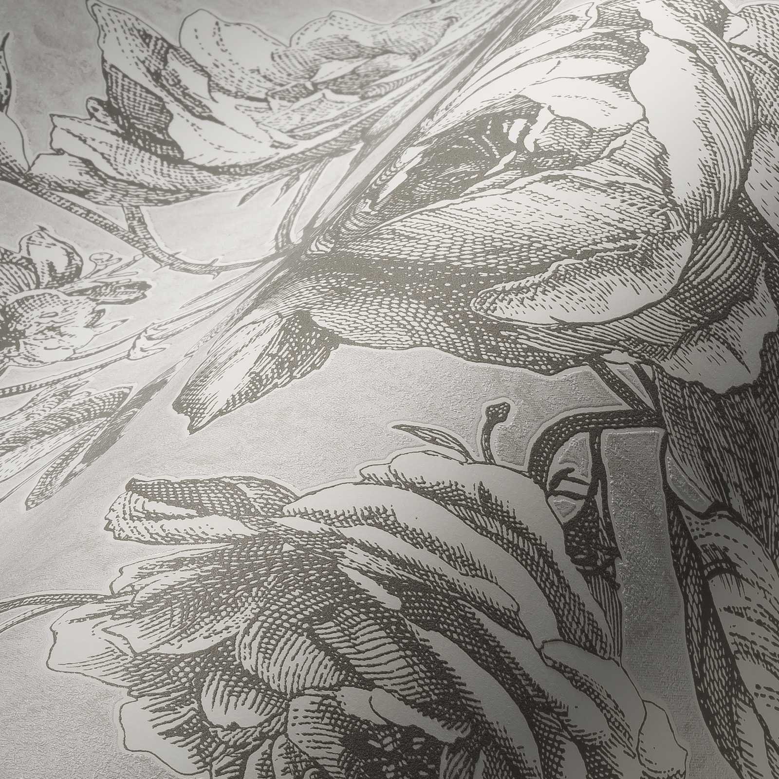             behang roos patroon in vintage teken stijl - grijs, crème
        