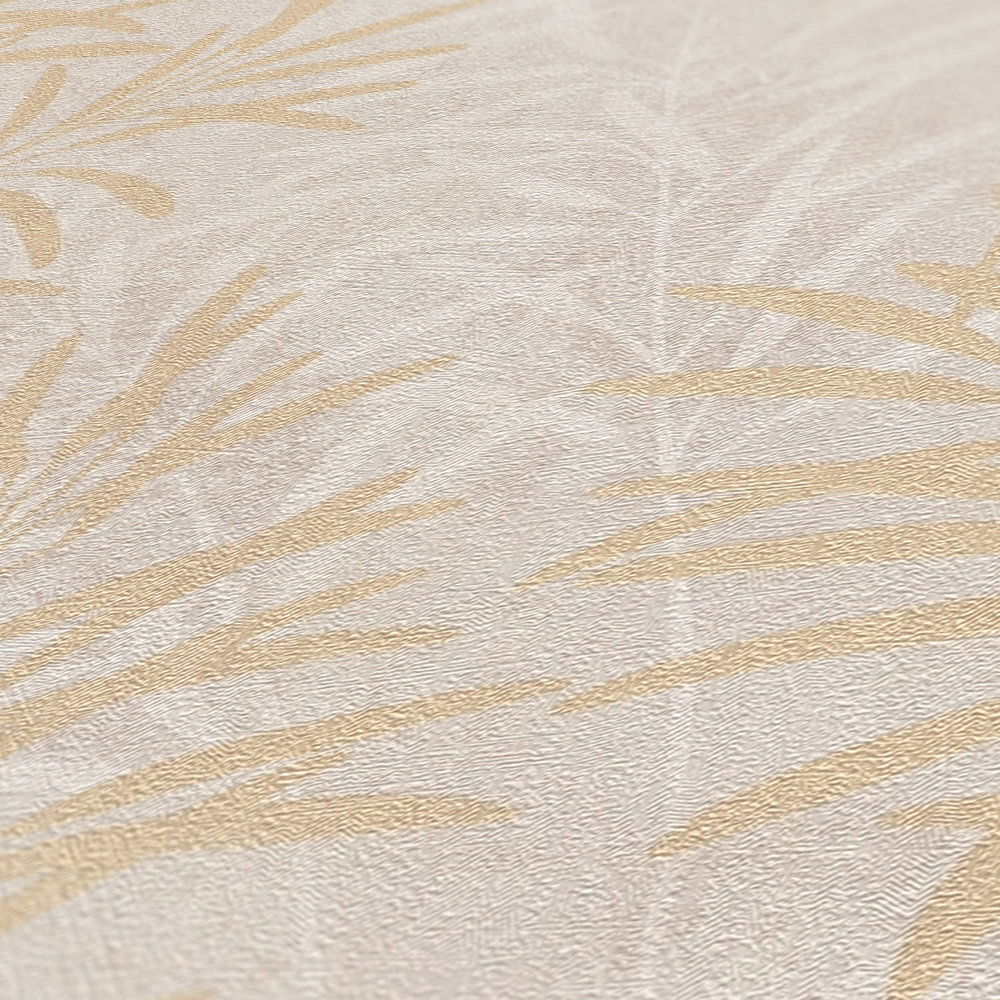             Vliestapete mit floralem Palmen-Muster – Creme, Grau, Gold
        