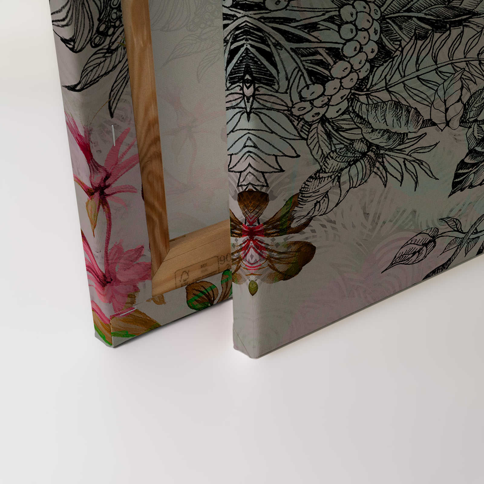Leinwandbild Vögel &amp; Blumen im Collage Stil – 0,90 m x 0,60 m