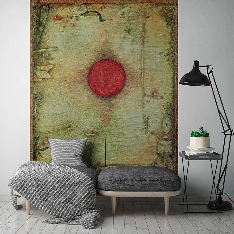 wandbild, großes rot orb, abstraktes design, grün-beige farbton, wohnzimmer dekoration