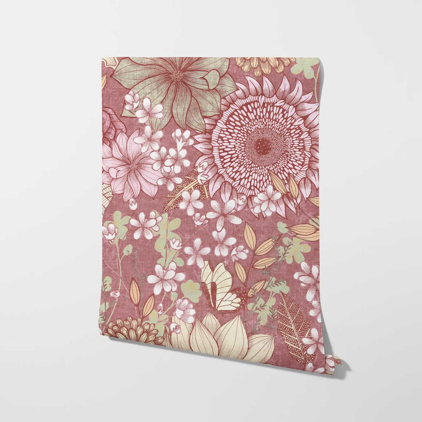 Florale Vliestapete mit verschiedenen Blüten und Blättern – Rosa, Weiß, Creme